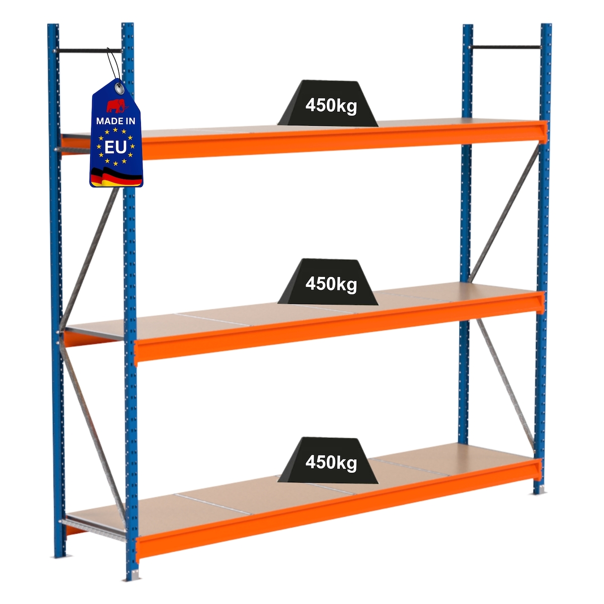 PROREGAL Industrie Schwerlastregal MAXIMUS PRO, Grundregal, HxBxT 250x275x60cm, 3 Ebenen, Spanplatten-Fachboden, Fachlast 450 kg, Blau/Orange Image