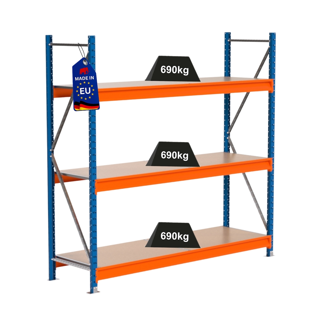 PROREGAL Industrie Schwerlastregal MAXIMUS PRO, Grundregal, HxBxT 200x200x60cm, 3 Ebenen, Spanplatten-Fachboden, Fachlast 690 kg, Blau/Orange Image