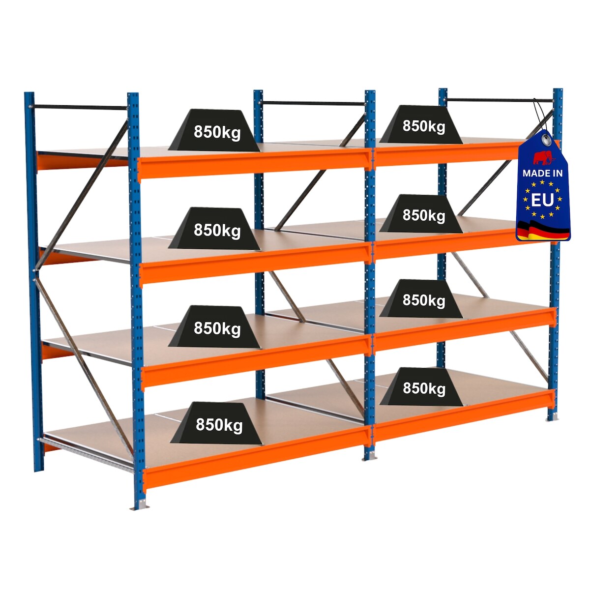 PROREGAL Industrie Schwerlastregal MAXIMUS PRO, Komplettregal, HxBxT 200x300x100cm, 4 Ebenen, Spanplatten-Fachboden, Fachlast 850 kg, Blau/Orange Image