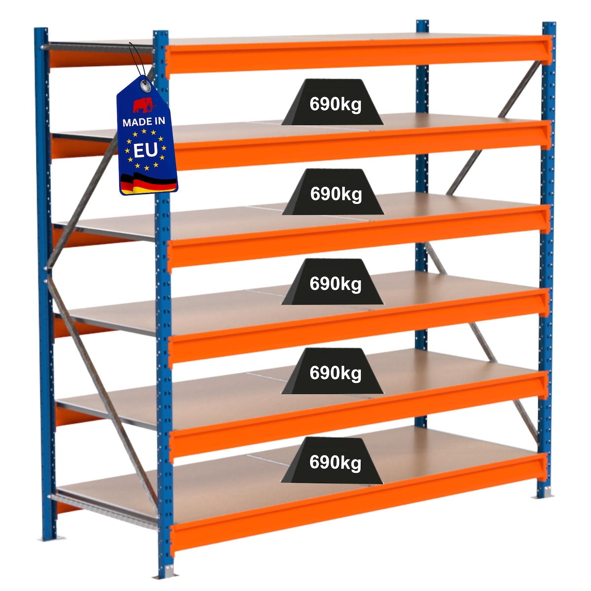 Proregal Industrie Weitspannregal Lagerregal MAXIMUS PRO | Grundregal | HxBxT 200x200x80cm | 6 Ebenen | Spanplatten-Fachboden | Fachlast 690 kg | Blau/Orange Image