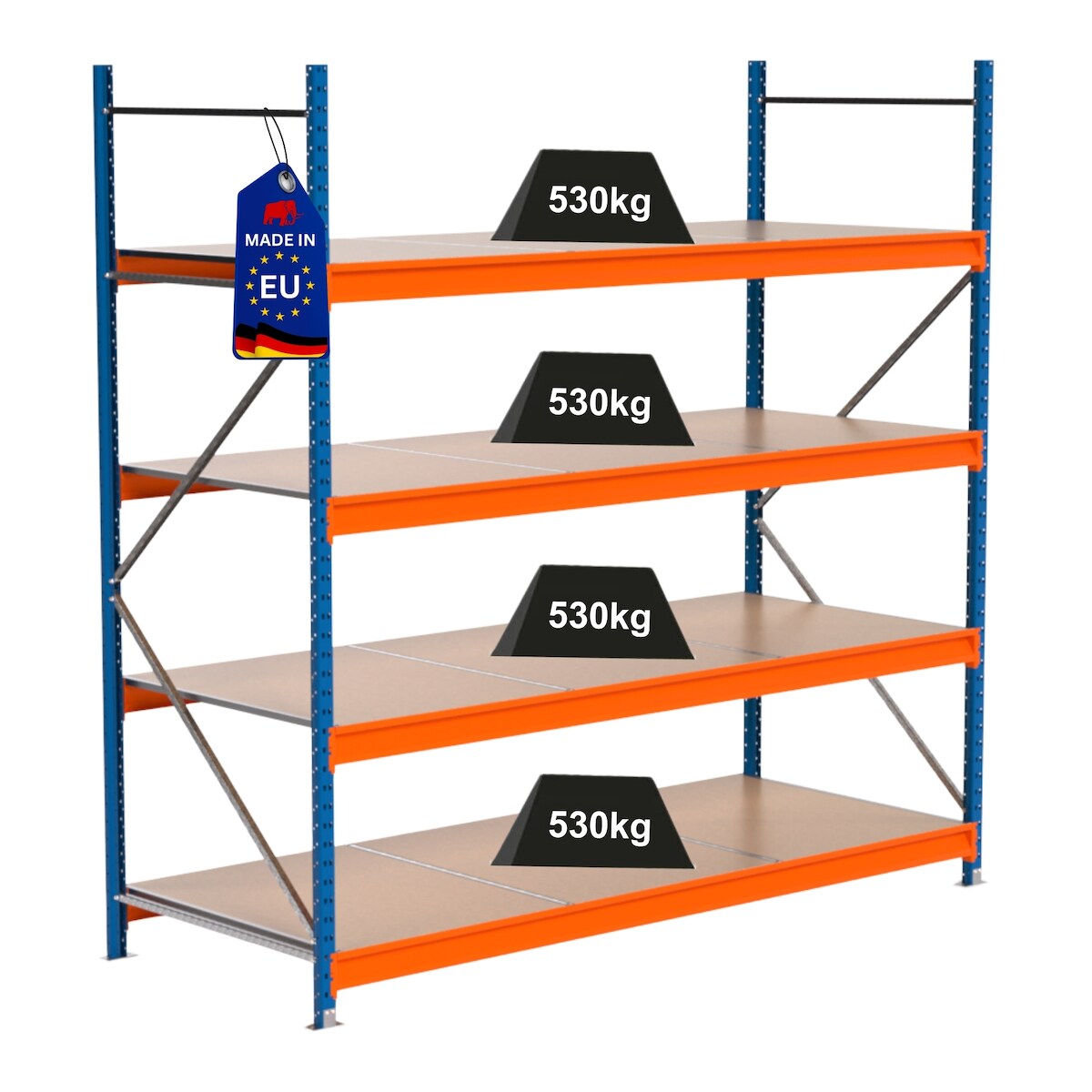 Proregal Industrie Weitspannregal Lagerregal MAXIMUS PRO | Grundregal | HxBxT 250x250x100cm | 4 Ebenen | Spanplatten-Fachboden | Fachlast 530 kg | Blau/Orange Image