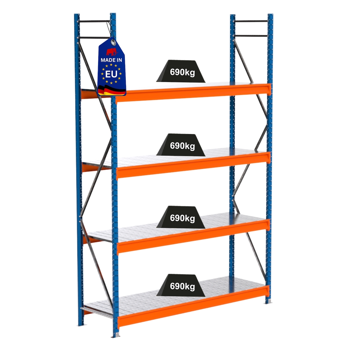 PROREGAL Industrie Schwerlastregal MAXIMUS PRO, Grundregal, HxBxT 300x200x60cm, 4 Ebenen, Stahlplatten-Fachboden, Fachlast 690 kg, Blau/Orange Image
