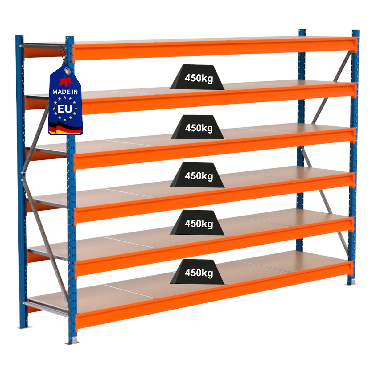 Proregal Industrie Weitspannregal Lagerregal MAXIMUS PRO | Grundregal | HxBxT 200x275x60cm | 6 Ebenen | Spanplatten-Fachboden | Fachlast 450 kg | Blau/Orange Image