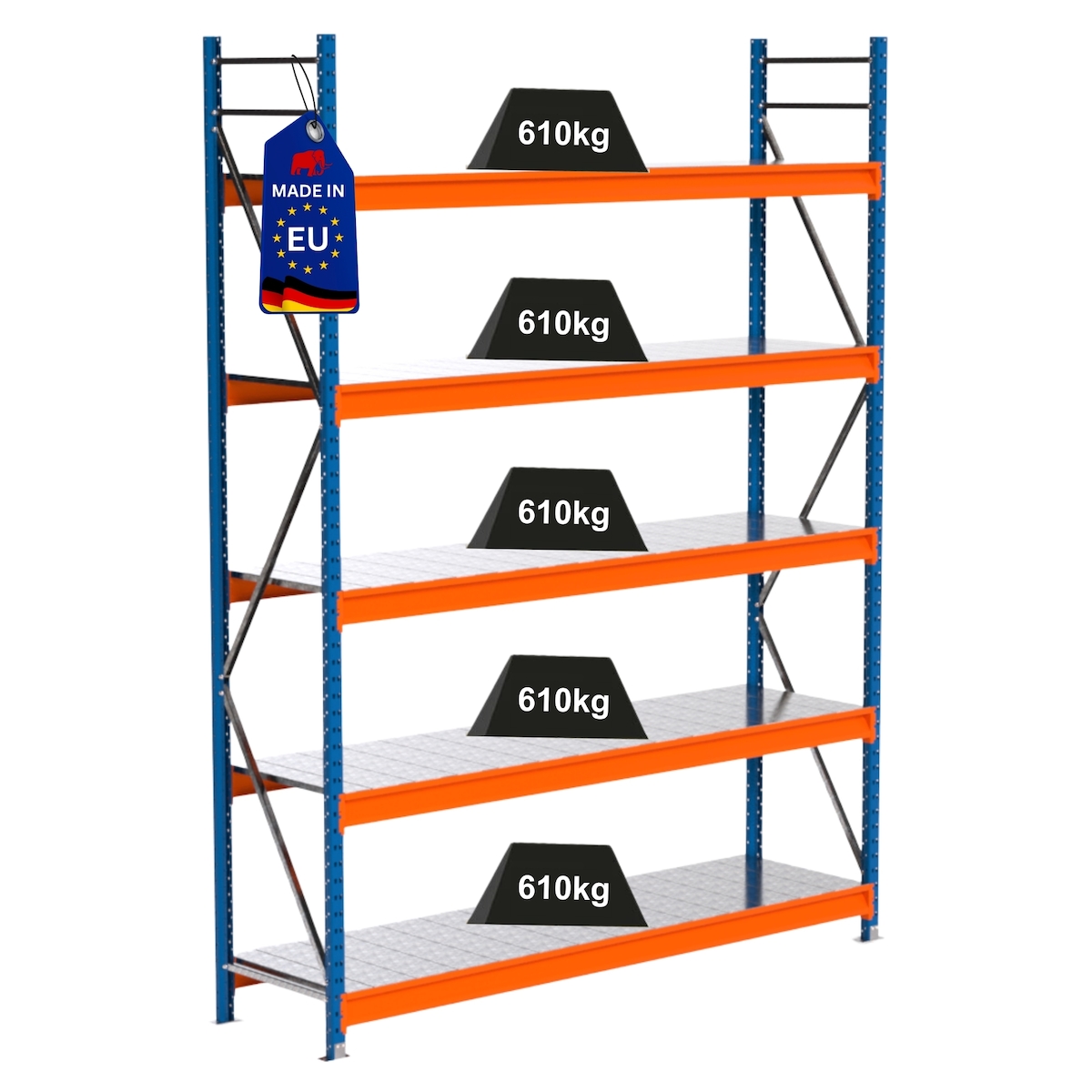 PROREGAL Industrie Schwerlastregal MAXIMUS PRO, Grundregal, HxBxT 300x225x60cm, 5 Ebenen, Stahlplatten-Fachboden, Fachlast 610 kg, Blau/Orange Image