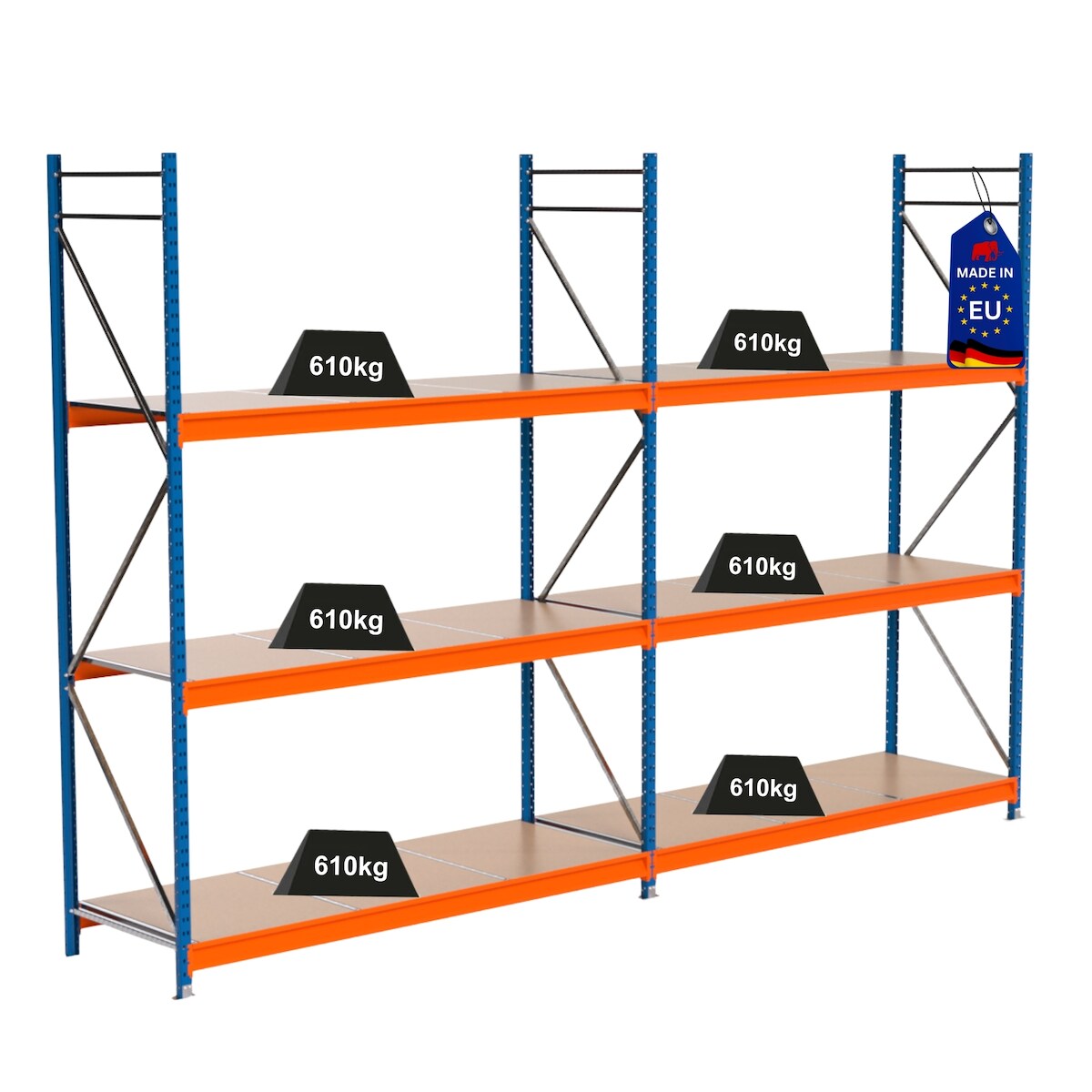 PROREGAL Industrie Schwerlastregal MAXIMUS PRO, Komplettregal, HxBxT 300x450x80cm, 3 Ebenen, Spanplatten-Fachboden, Fachlast 610 kg, Blau/Orange Image