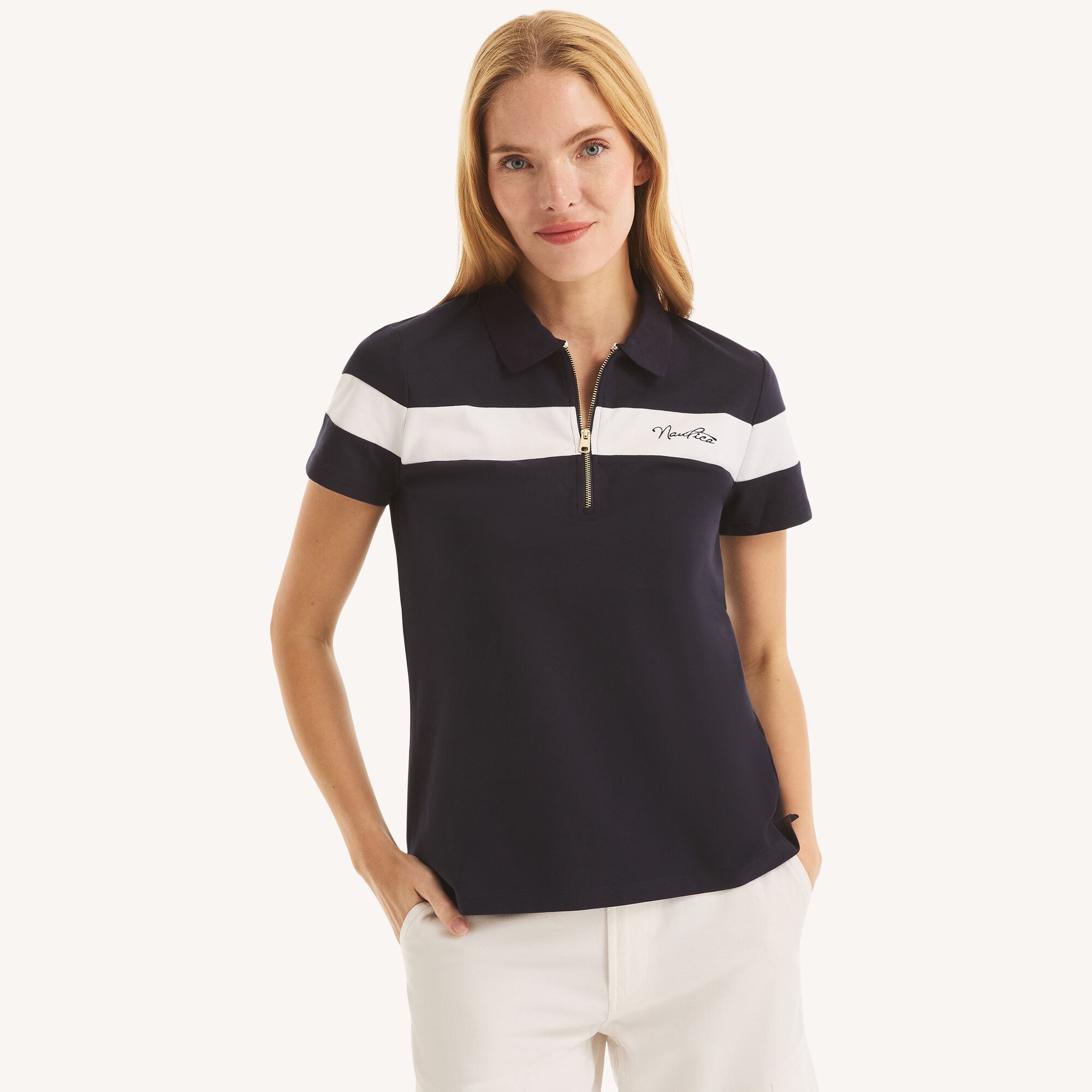Nautica Women's Colorblock Zip-Up Polo 406 (Starlight Blue), M