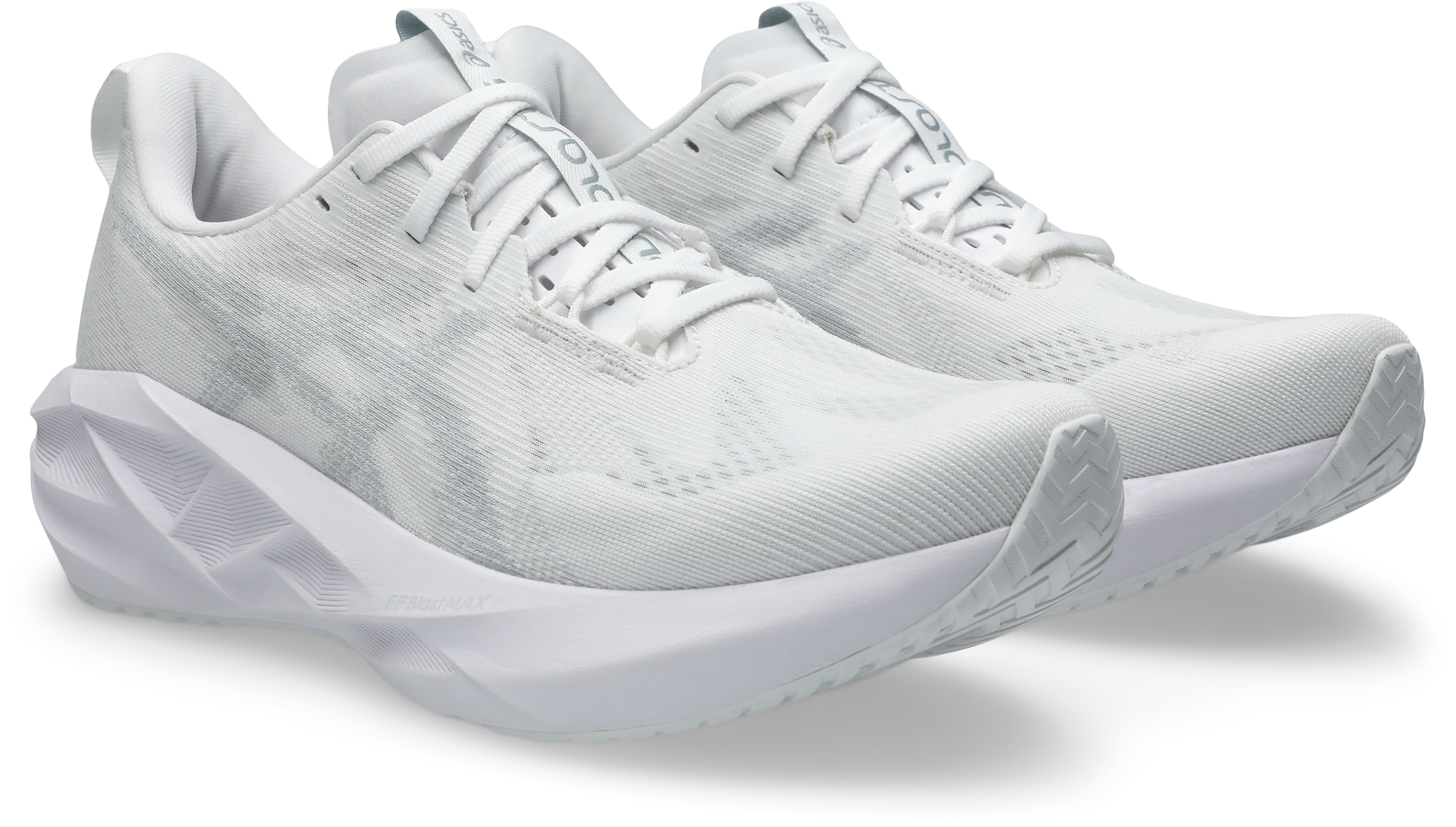 Laufschuh ASICS "NOVABLAST 5", Damen, Gr. 44,5, weiß, piedmont grau, Synthetik, Schuhe Laufschuh, mit Engineered Jacquard Mesh-Obermaterial, mit FF BLAST MAX Foam