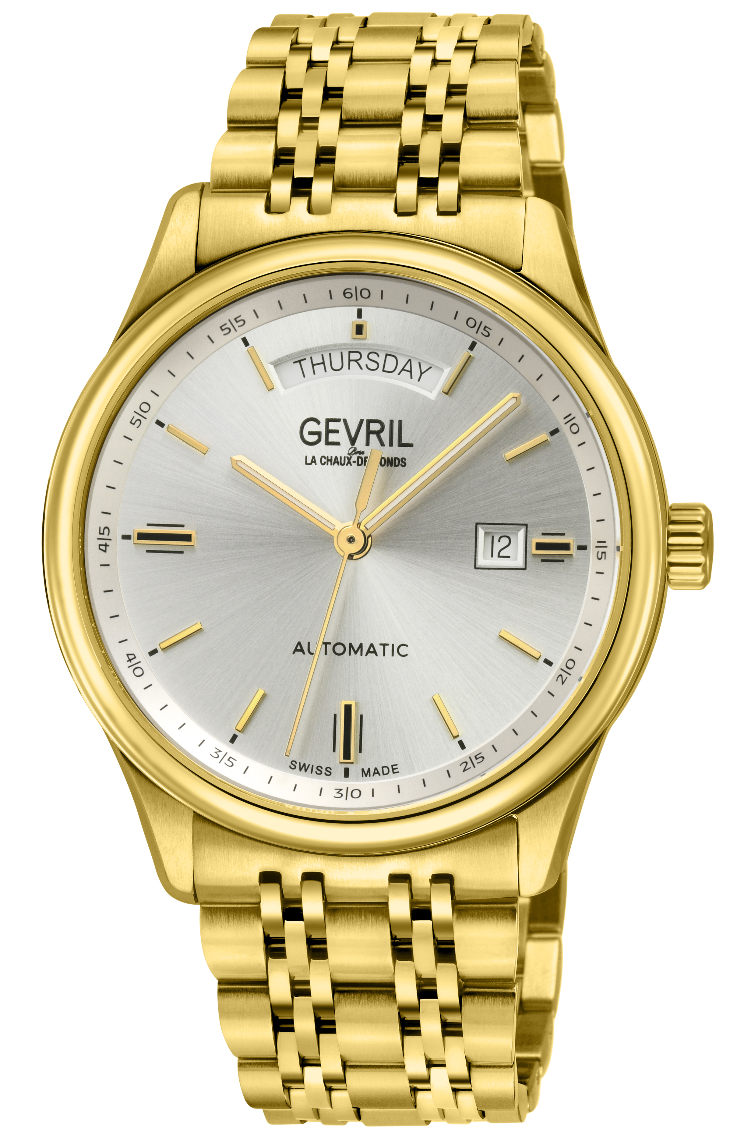 Gevril Mens Excelsior Swiss Automatic Movement, Sellita SW240, 42 MM, Day Date, White Dial, 316L Stainless Steel Ipyg Bracelet Watch. - Gold - One Size