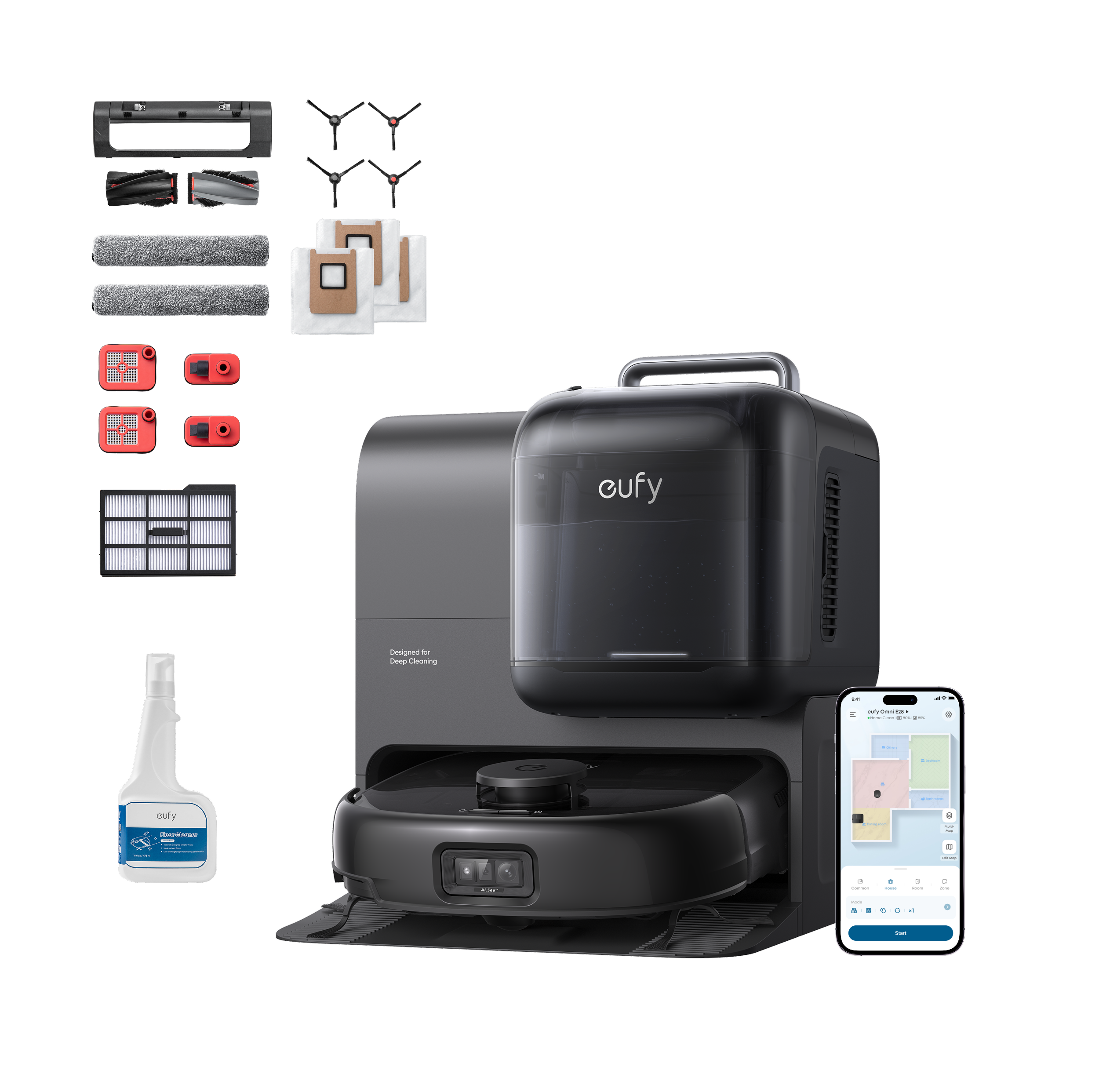 eufy Robot Vacuum Omni E28 with Complete Accessory Kit and cleaning solution