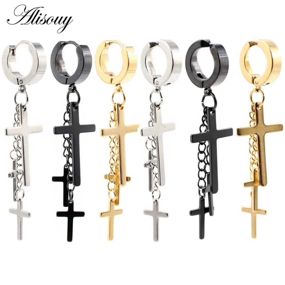 Alisouy 2 pz Orecchini a Cerchio Unisex Punk Hiphop Rock in Acciaio Inossidabile con Ciondolo a Croce e Catena, Orecchini a Lobo Rotondi per Donna e Uomo, Cartilagine