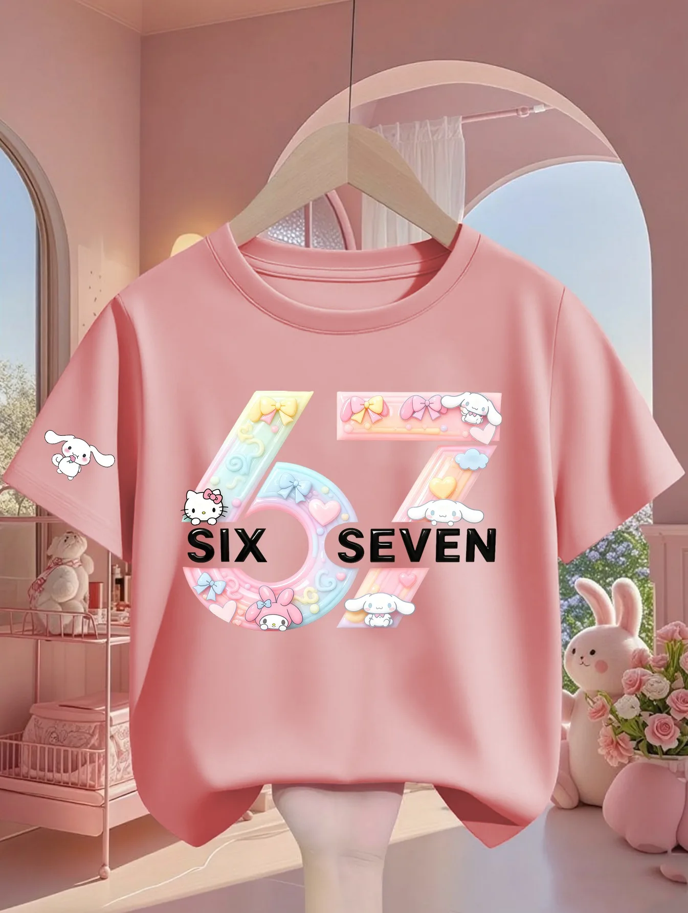 T-Shirt in verschiedenen Größen, Siebdruck, Hello Kitty 67 Design, Polyester-Material, Freizeitkleidung, Kinder, Unisex, Sommermode, Top, cool