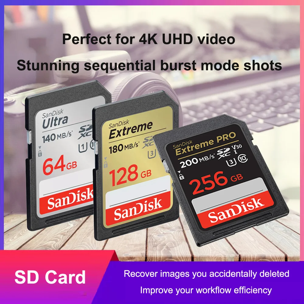 SanDisk SD Karte 32GB 64GB 128GB 256GB Speicher Karte 120MB/s-200MB/s U1 C10 U3 V30 4K Für Canon Nikon SLR Kamera Aufnahme 4K Video Image