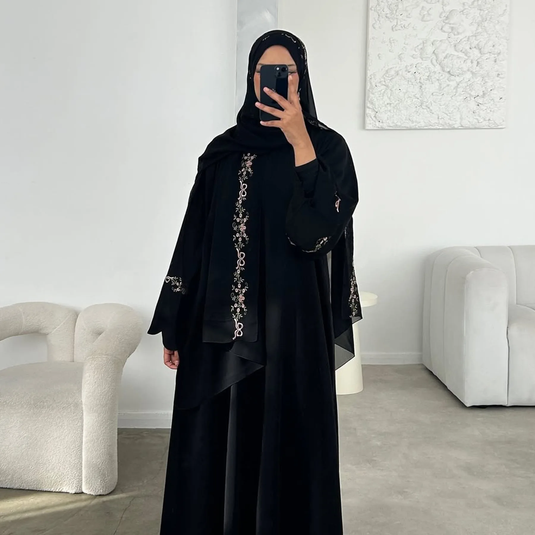 Herbst Neue Muslimische Abaya Set Islamische Kleidung Dubai Abaya und Hijab Stickerei Ärmeln 2 stücke Set Modest Offene Abaya Hijab anzug Image