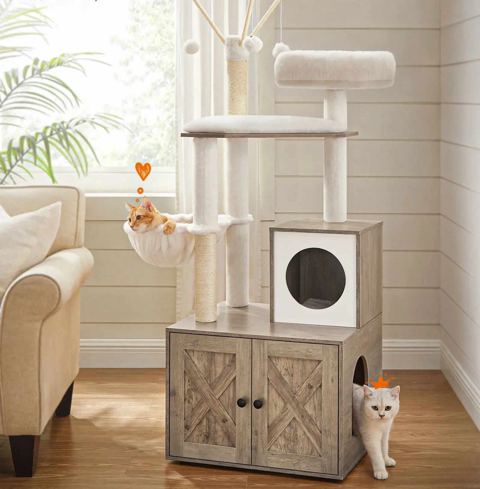 FEANDREA Kratzbaum mit Katzenklo-Schrank, 2-in-1 Katzenbaum, Schrank für Katzentoilette, mit Sisalstämmen, greige Image