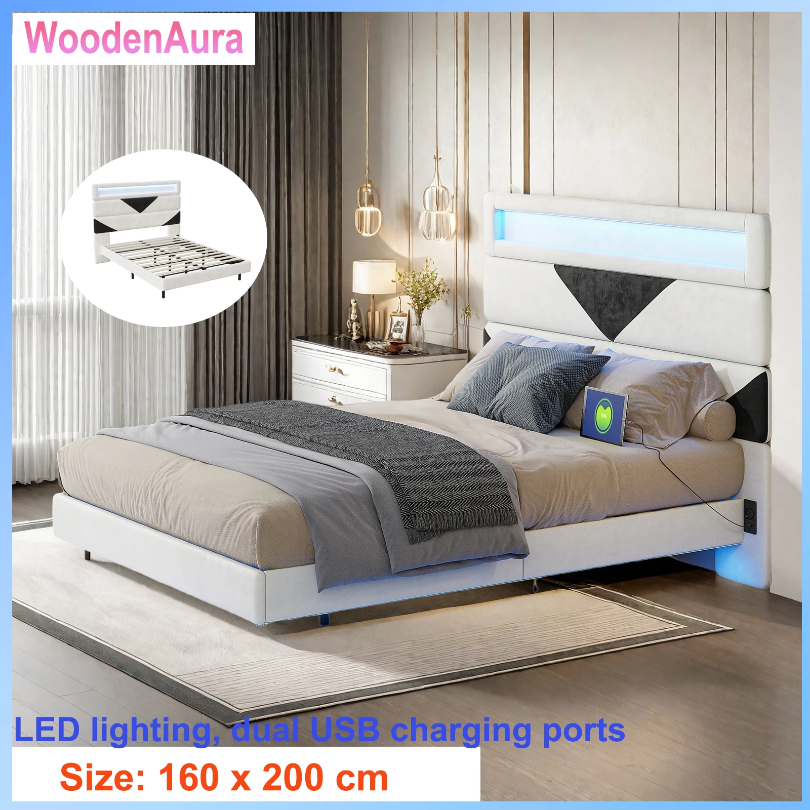 Bett 160x200 cm mit Lattenrost, LED-Lichtleiste, zwei USB-Ladeanschlüssen, Doppelbett, Bettgestell, Samt. Image