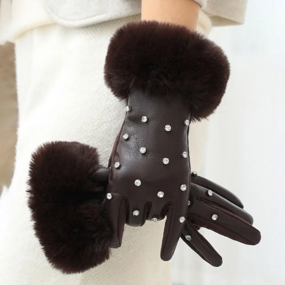 Luxuriöse Kunstfell-Besatzmanschette, PU-Lederhandschuhe, Touchscreen, Strass, Winter-Thermohandschuhe, gefüttert, winddicht, warme Handschuhe für Damen Image