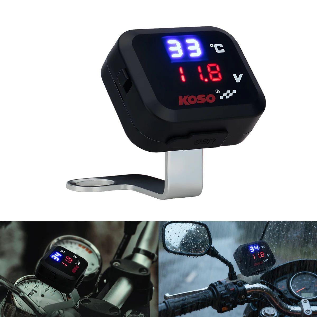 3-in-1-Motorrad-USB-Schnellladegerät mit Voltmeter und Thermometer, wasserdichte USB-Buchsen für das Notladen von Mobiltelefonen Image