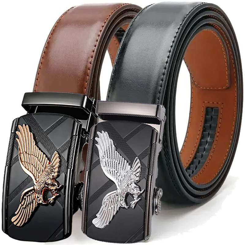 Herren Ratschengürtel aus Echtleder, Business-Jeans-Mode, Lässiger Taillengürtel mit Automatischer Adler-Schnalle, Schwarz und Braun Image