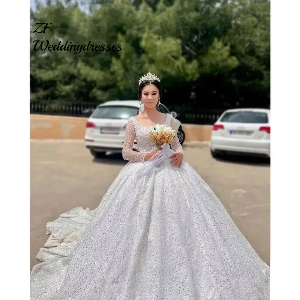 Maßgeschneidertes Hochzeitskleid mit quadratischem Ausschnitt, glänzenden Perlen und Perlen für die Braut, Robes De Mariee, lange Ärmel, Brautkleider in Übergröße