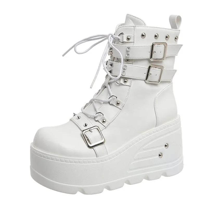 2025, neue Punk-Damenstiefel, Keile, Damenschuhe, Lackleder, Stiefel, Nieten, Cosplay, Stiefeletten, Reißverschluss, Damen, Gothic, Motorradstiefel