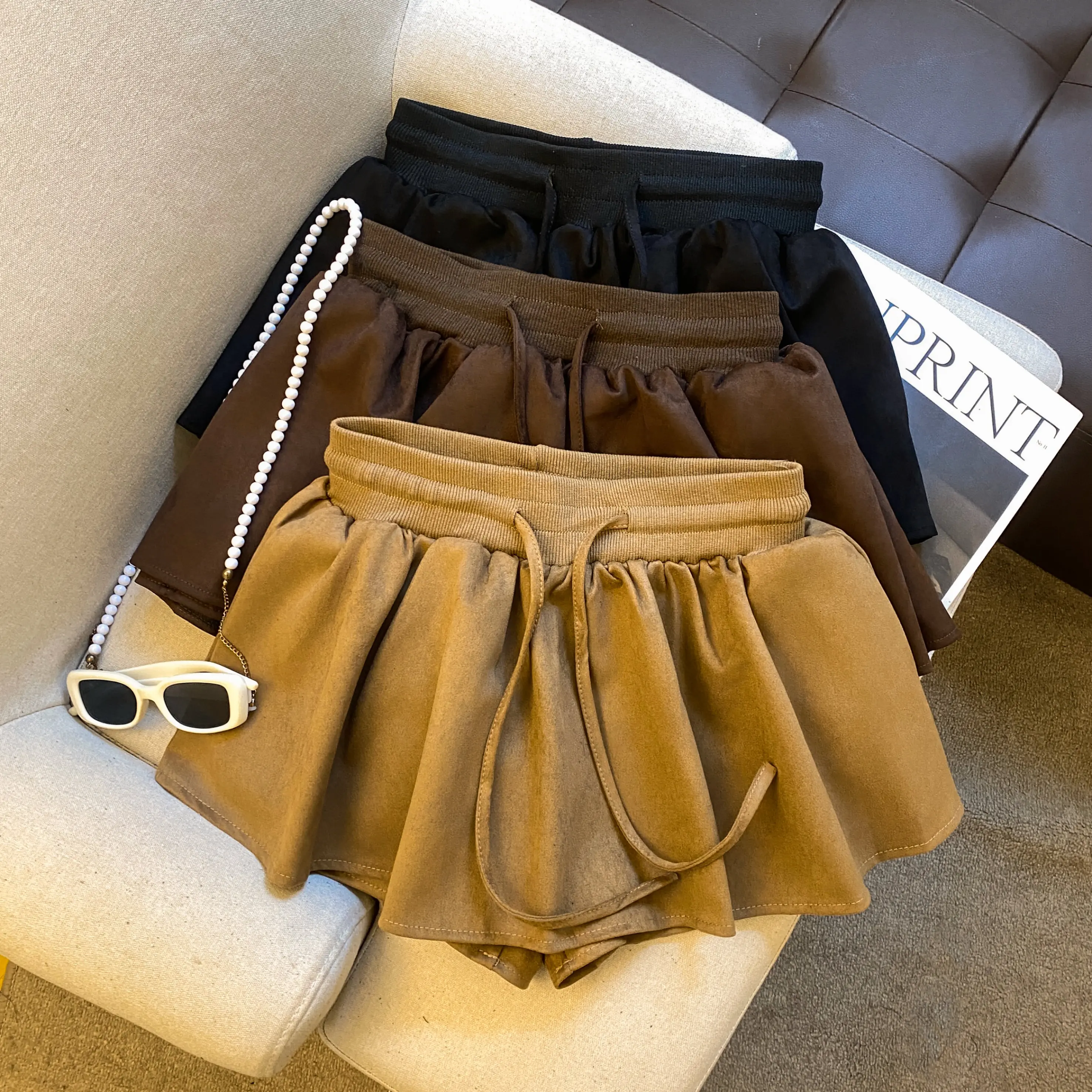 Frauen Herbst Winter Chic Elastische Kordelzug Taille EINE Linie Mini Rock Dame Streetwear Einfarbig Wildleder Kurzen Rock Image