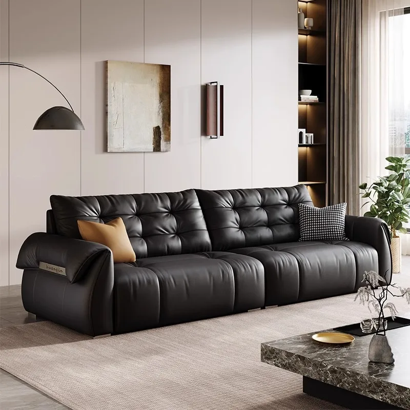Italienisches minimalistisches Retro-Schwanenledersofa, schwarzes Rindsleder der ersten Schicht, Wohnzimmer, gerade Reihe, antike Sofakombination Image