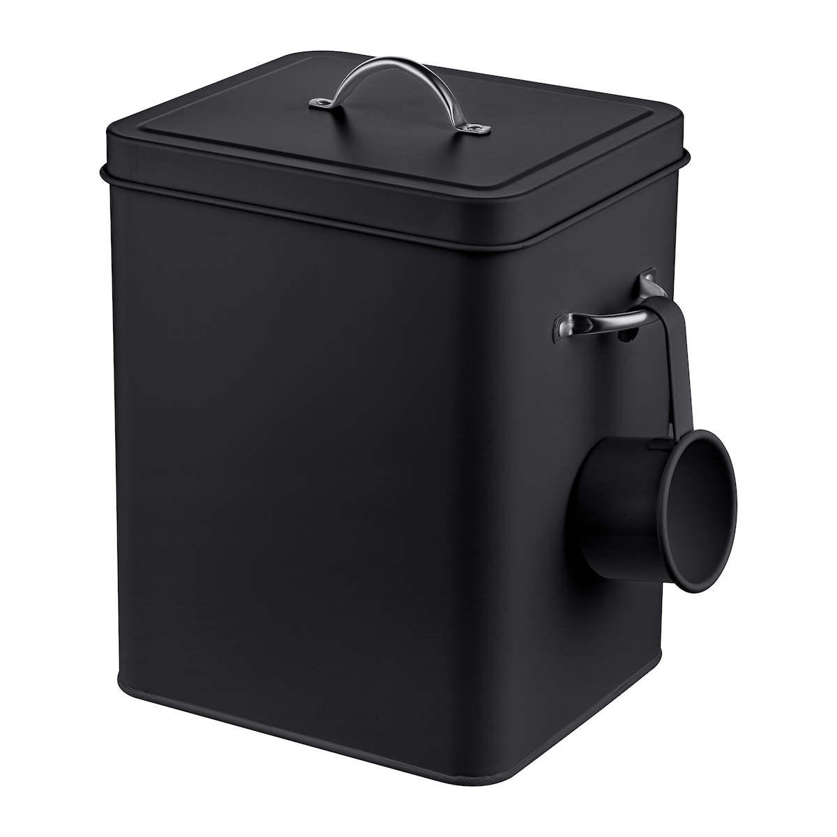 Relaxdays Waschmittelbox 6L, Metall, Waschpulverdose mit Dosierlöffel, Retro-Design, Tierfutterbehälter Deckel, schwarz Image