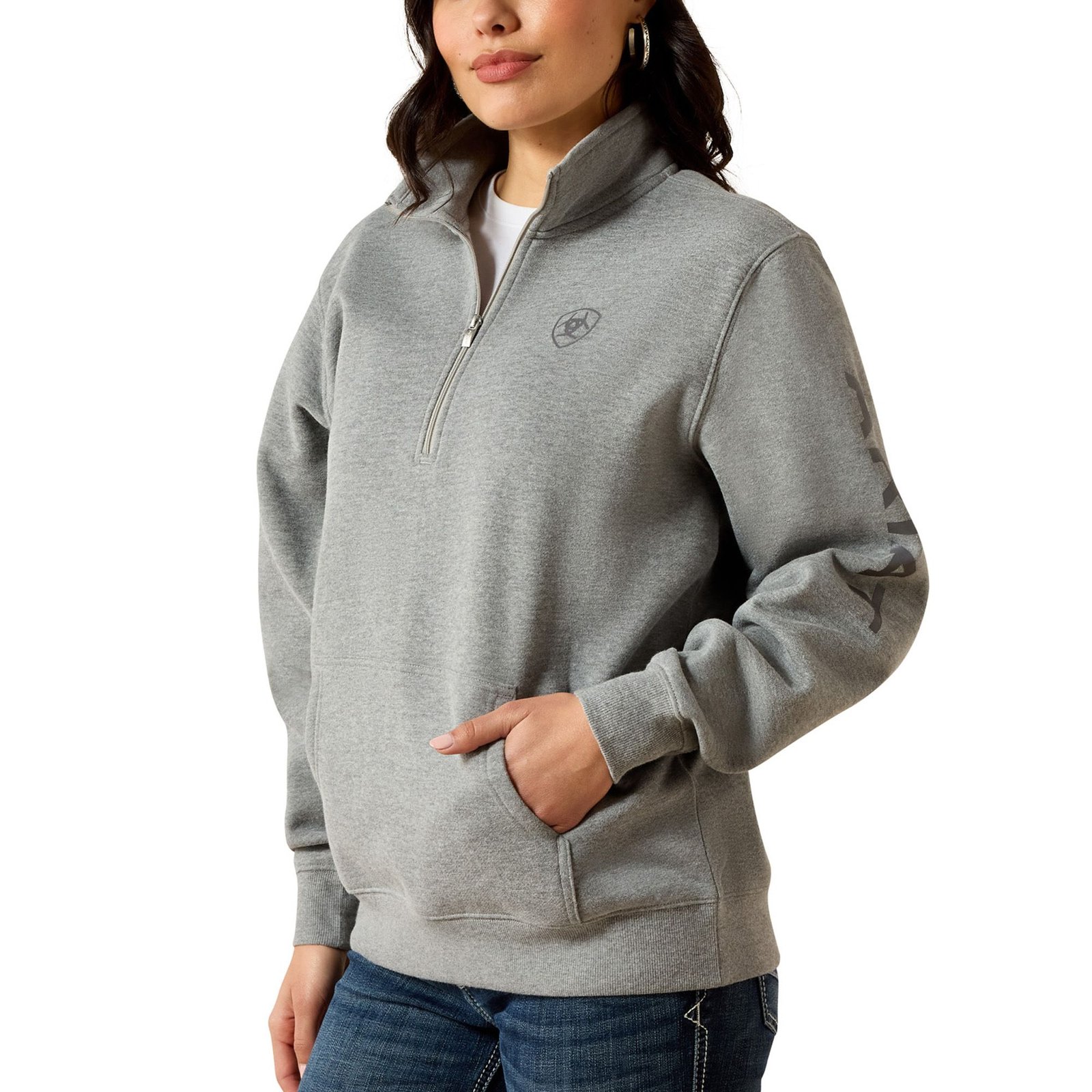 Ariat Women's Foundation Logo 1/2-Zip Sweatshirt (Size L) Heather Grey, Cotton,Fleece