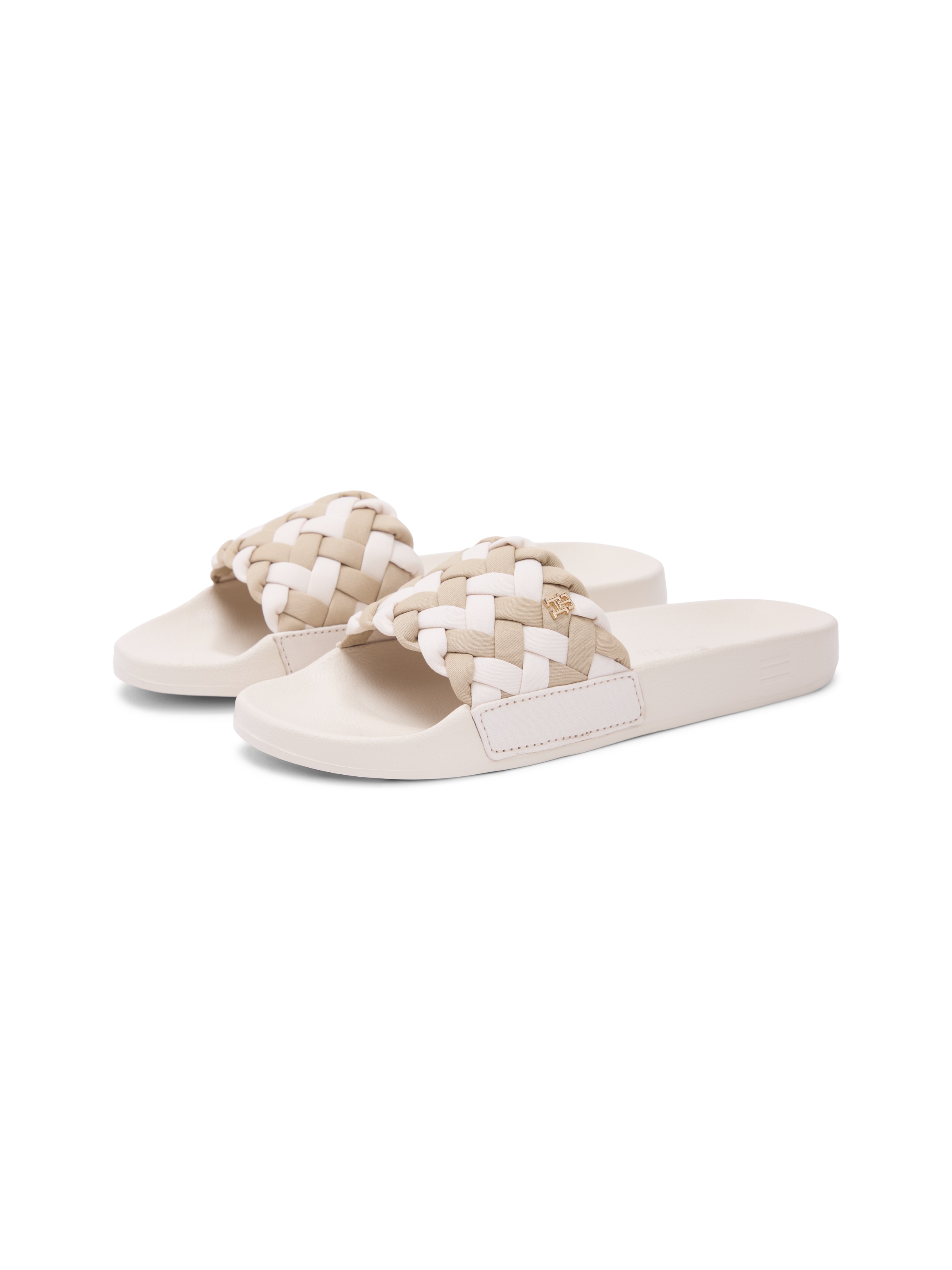 Pantolette TOMMY HILFIGER "TH BRAIDED POOL SLIDE", Damen, Gr. 39, creme, beige, Baumwolle, kontrastfarbene Details, Schuhe Pantolette, Plateau, Sommerschuh, Strandschuh mit geflochtener Bandage