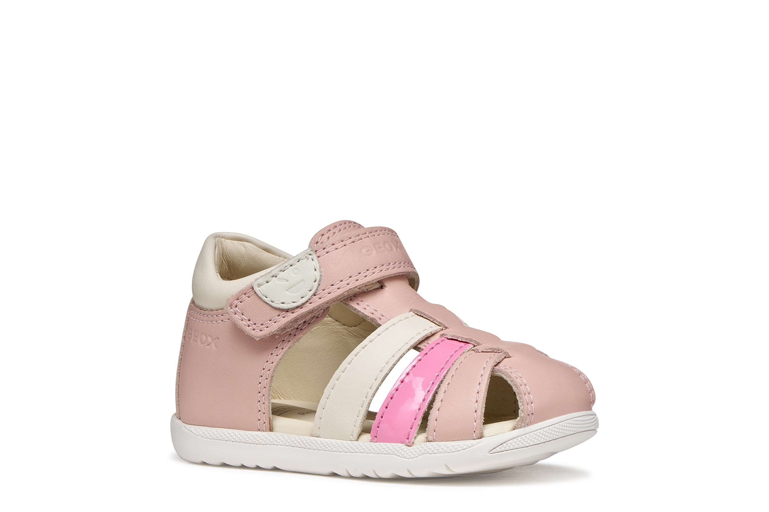 Lauflernschuh GEOX "B SANDAL MACCHIA GIR", Baby, Gr. 22, rosa, Leder, Lederimitat, kontrastfarbene Details, Schuhe Lauflernschuh, Babyschuh mit Klettverschluss, Größenschablone zum Download