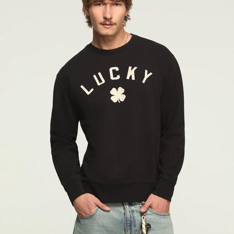 Lucky Brand Lucky Clover Fleece Crewneck Sweatshirt - Men's Clothing Outerwear Shirt Jackets in Jet Black, Size L