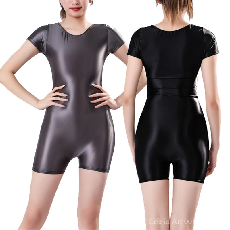 Frauen Öl Glänzend Glänzend Rohr Body Elastische Einteilige Boxer Kurze Trikot Sexy Strumpfhosen Bandage Satin Shaper Badeanzug Bademode Image