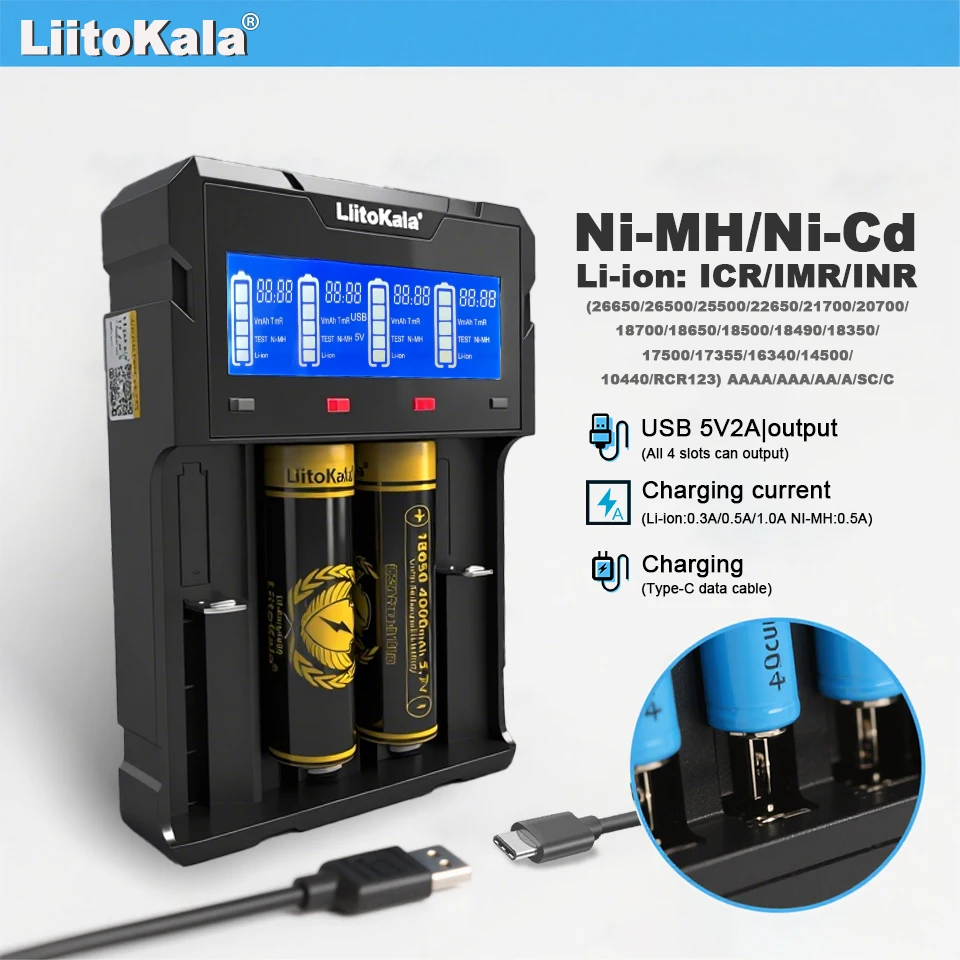 LiitoKala Lii-K4 Dual-Ladegerät – 4-Slot-Smart-Ladegerät für 18650/26650/AA/AAA, USB-C-LCD-Display, Camping-Reise-Backup Image