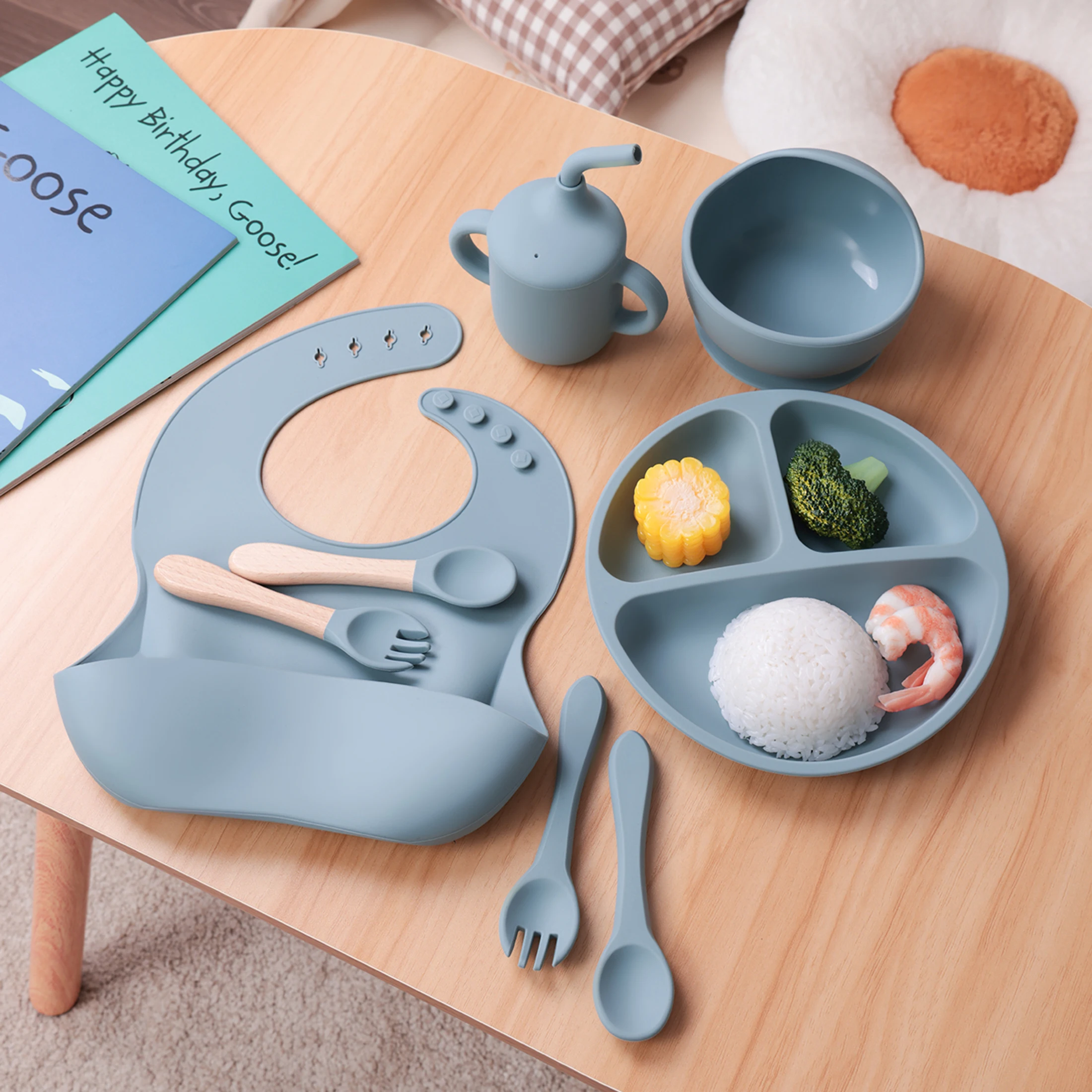 8PCS Silikon Baby Fütterung Set Saug Platte BPA FREI Stroh Tasse Wasserdichte Lätzchen Löffel Gabel Kinder Lernen Utensilien geschirr Image