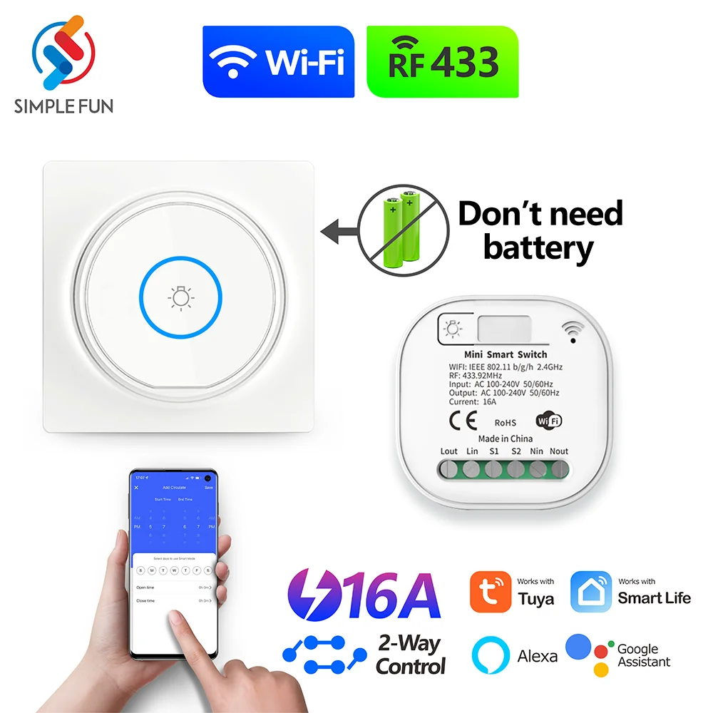WiFi RF Smart Licht Schalter Tuya Smart Leben Alexa Drahtlose Fernbedienung AC 100-240V 16A 2-weg Wand Panel Selbst Powered Keine Verkabelung Image