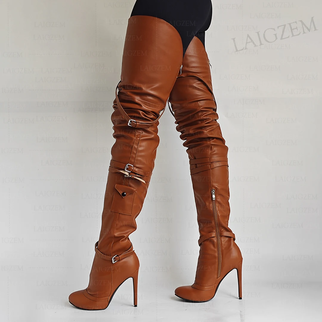 ZHIMA Frauen Oberschenkel Hohe Stiefel Runde Kappe Dünne High Heels Stiefel Über Knie Kunstleder Damen Schuhe Frau Plus Größe 41 42 44 50 52