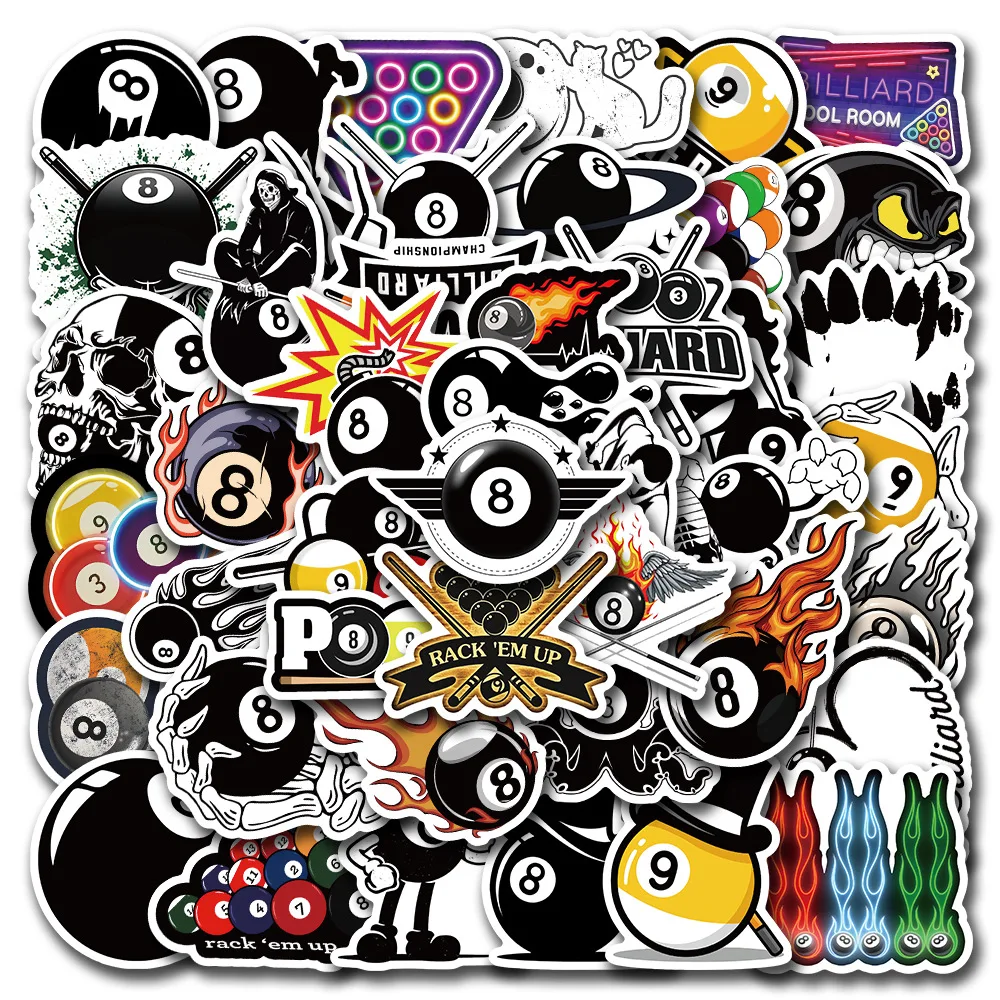 50 Stück Billard-Cartoon-Billard, schwarz, 8 Aufkleber, DIY-Spielzeug, Geschenk, Graffiti-Aufkleber für Handy, Gepäck, Laptop, Sammelalbum, wasserdicht Image