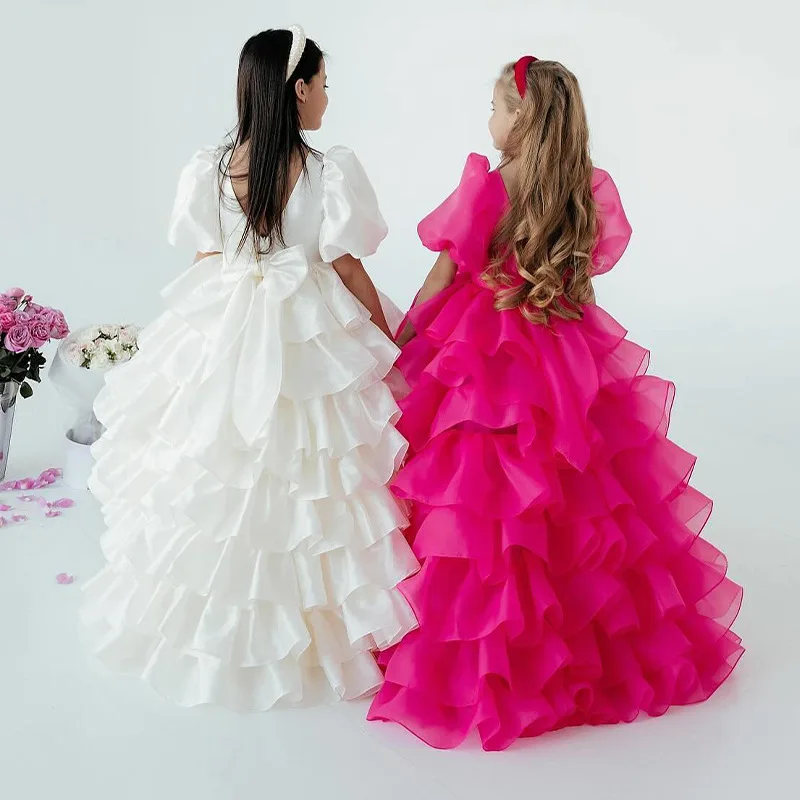 Baby Kinder Prinzessin Tüll Tiered Bow Blumenmädchen Kleid Kinder Erstkommunion Kleid Ballkleid Hochzeit Party Kleid Geburtstag Image