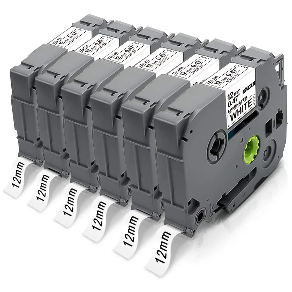 Neues 6 Stück 12 mm 0,47 weißes Klebeband, schwarzes Band auf weißem Hintergrund, Drucker-Etikettenband, kompatibel mit Brother Ribbon Tz231 Image