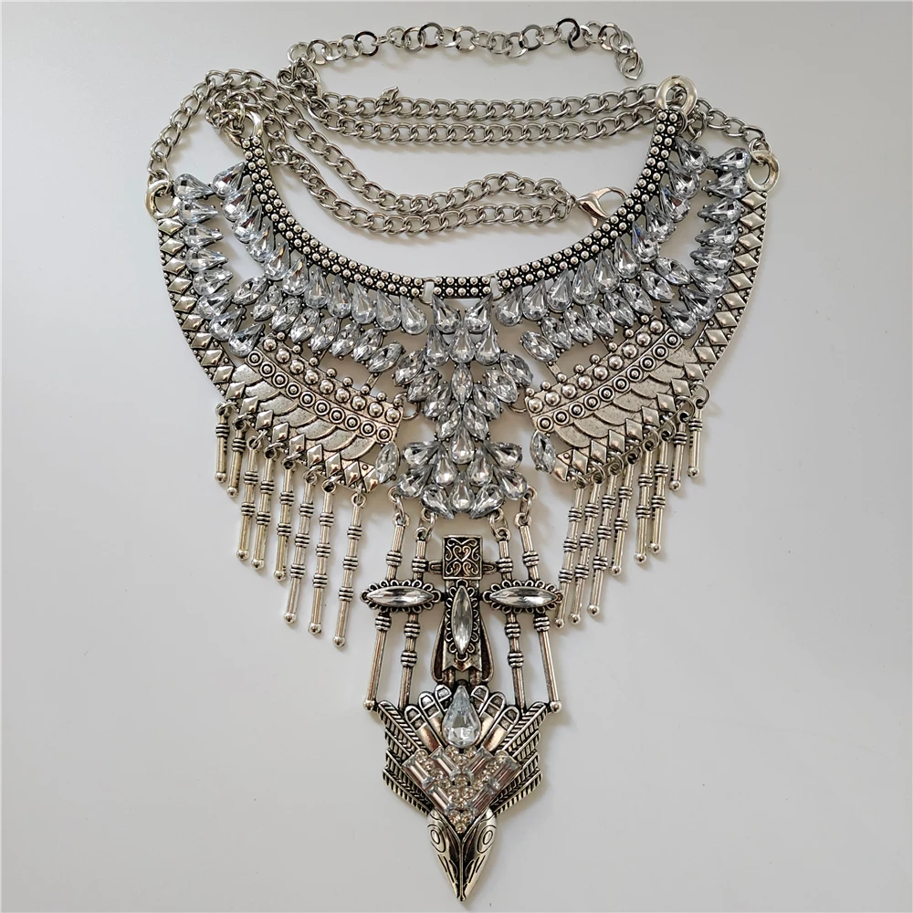 Indische ethnische Vintage Statement-Halskette für Damen, Boho-Retro, versilbert, großer Kragen, Maxi-Halskette, Damenschmuck Image