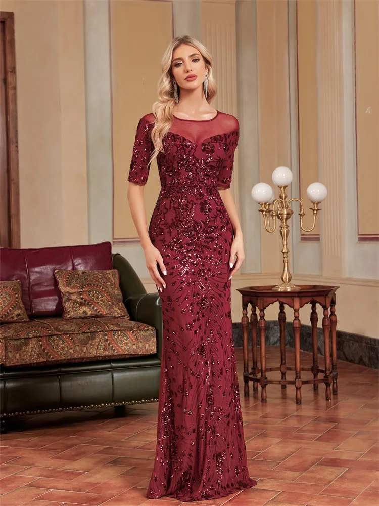 Luxus Oansatz Tüll Pailletten Formales Abendkleid Frauen Kurzarm Hochzeit Party Prom Maxi Cocktailkleid Meerjungfrau Kleid Image