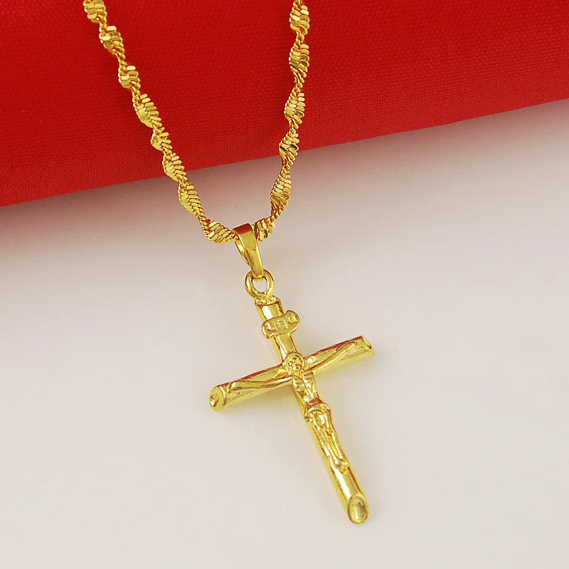 Neue echte 24K Gold Halskette vergoldet Kreuz Halskette für Damen & Herren Schmuck Geschenke Image