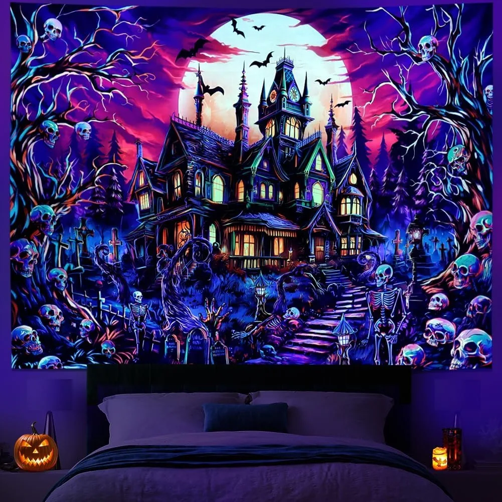 Schwarzlicht Halloween Horror Fluoreszierender Wandteppich UV-Reaktion Lumineszenz Halloween Wandkunst Dekoration Gothic Castle Image