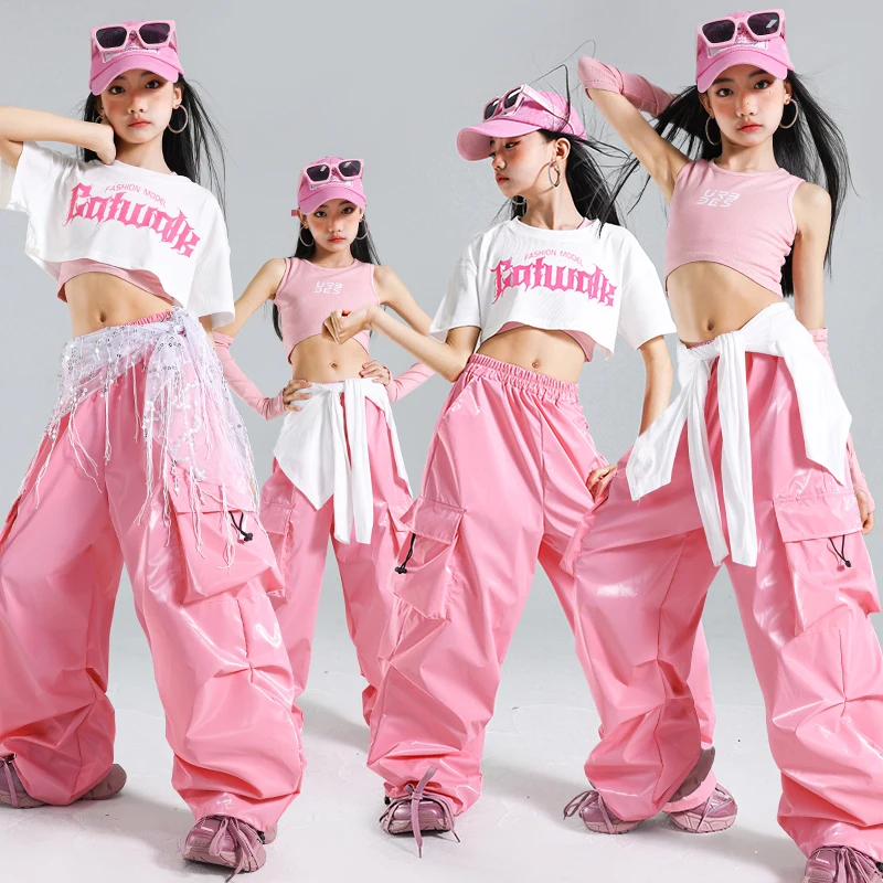 Kinder Hip Hop Mädchen Bühnenkleidung Kleidung Kinder Streetwear Jazz Kostüm Mädchen K-pop Crop Top Street Dance Glänzende Leder Cargo Hosen