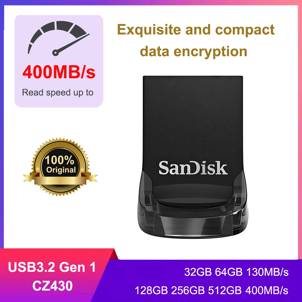 SanDisk Ultra Fit USB 3.2 Flash-Laufwerk 32 GB/64 G/128 G/256 GB/512 GB stoßfester, verschlüsselter Mini-Computer, Business-Auto-USB-Laufwerk CZ430 Image