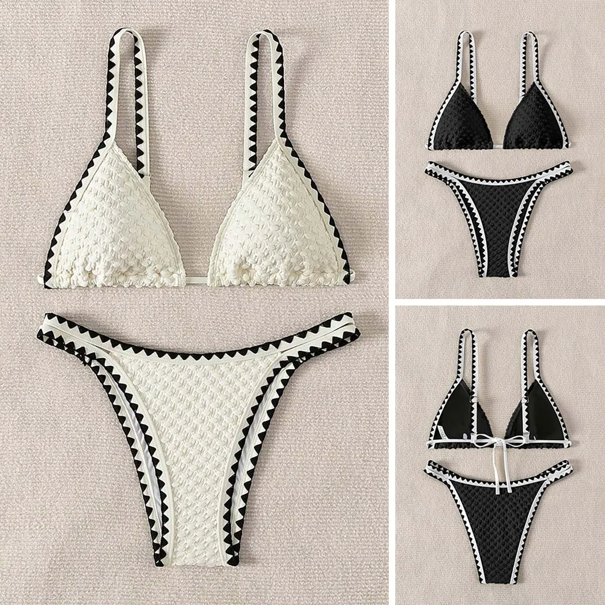 Sexy Dreieck Push Up Bikini Bademode Popped Stoff Brasilianische Bikinis Frauen Häkeln String Badeanzug Patchwork Strand Badeanzug Image