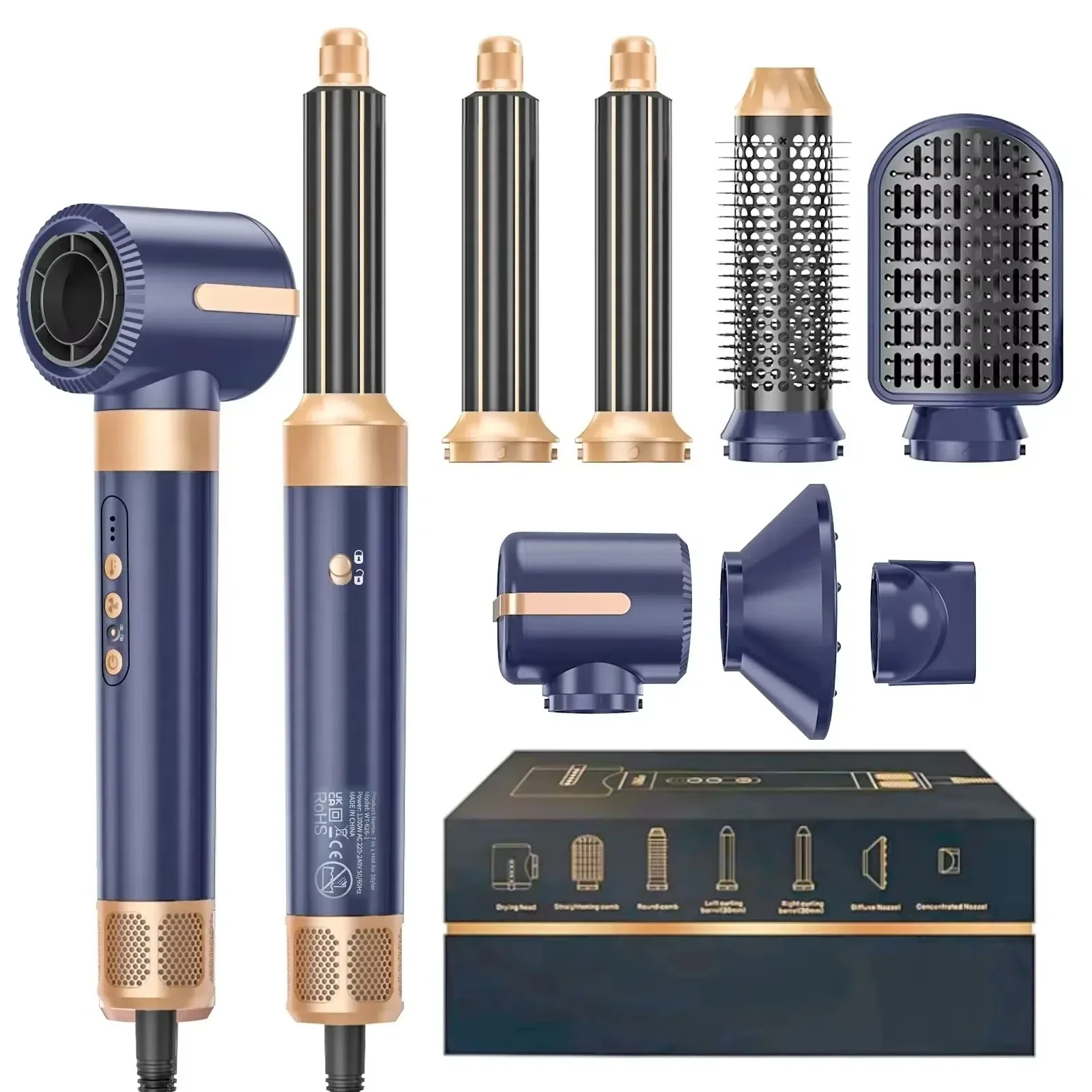 Professioneller 7-in-1-Haartrockner mit automatischer Wickelwirkung, 1400 W, leistungsstarker Glätteisen, Heißluftbürste, Heißkamm, Multi-Style-Hochgeschwindigkeits-Lockenstab Image