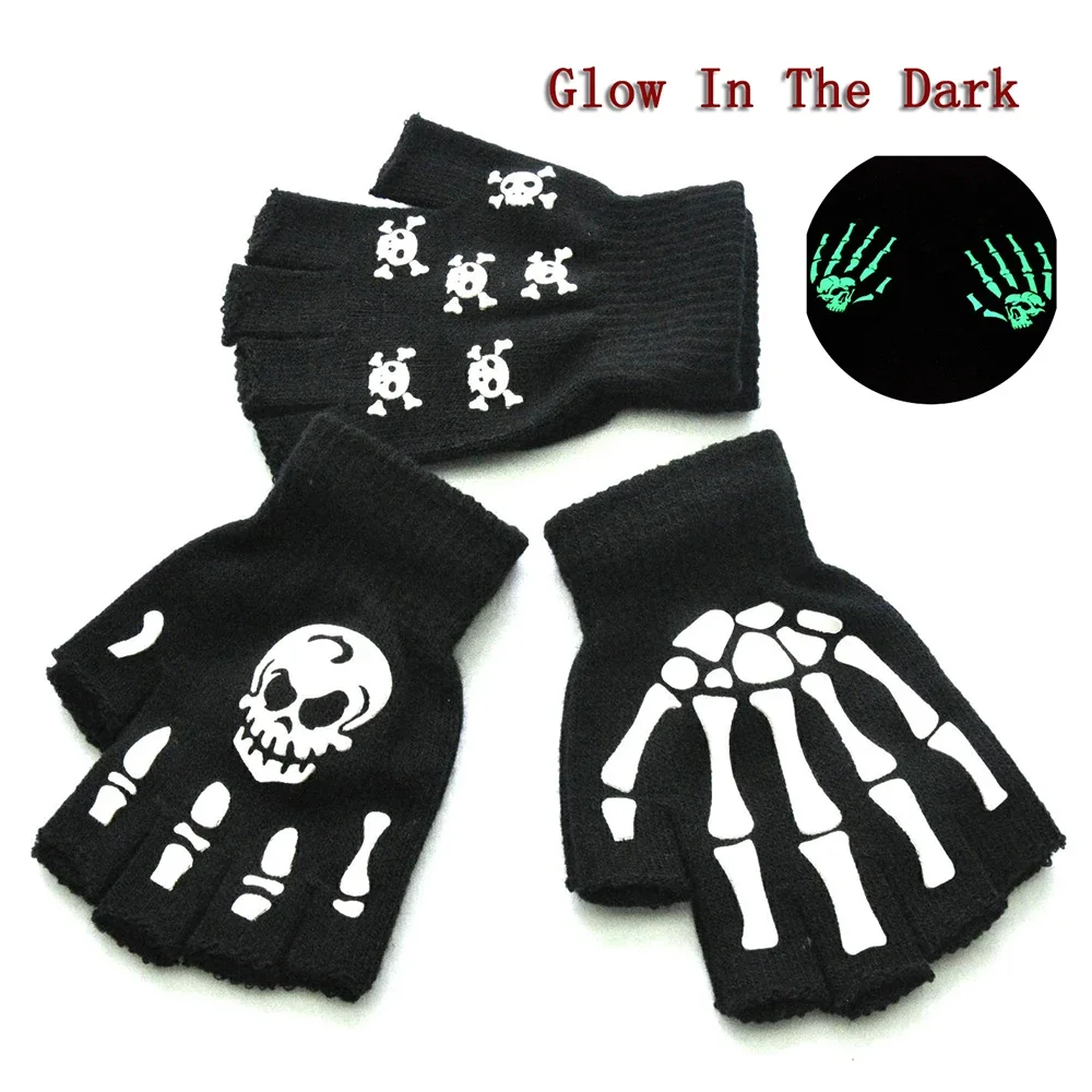 Erwachsene Kinder Halloween Skelett Totenkopf Halbfinger Leuchtende Handschuhe Winter Totenkopf Fingerloser Fäustling für Event Party Festliches Radfahren Image