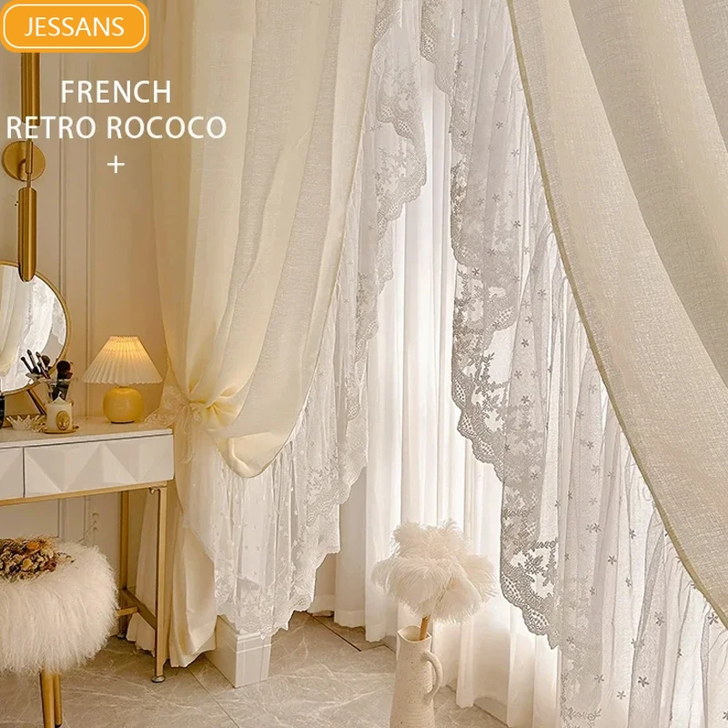Cremebeige Chiffon-Rüschen, weiße Spitze, bestickte Sichtschutzvorhänge für Wohnzimmer, Schlafzimmer, französisches Fenster, Balkon, Fenster