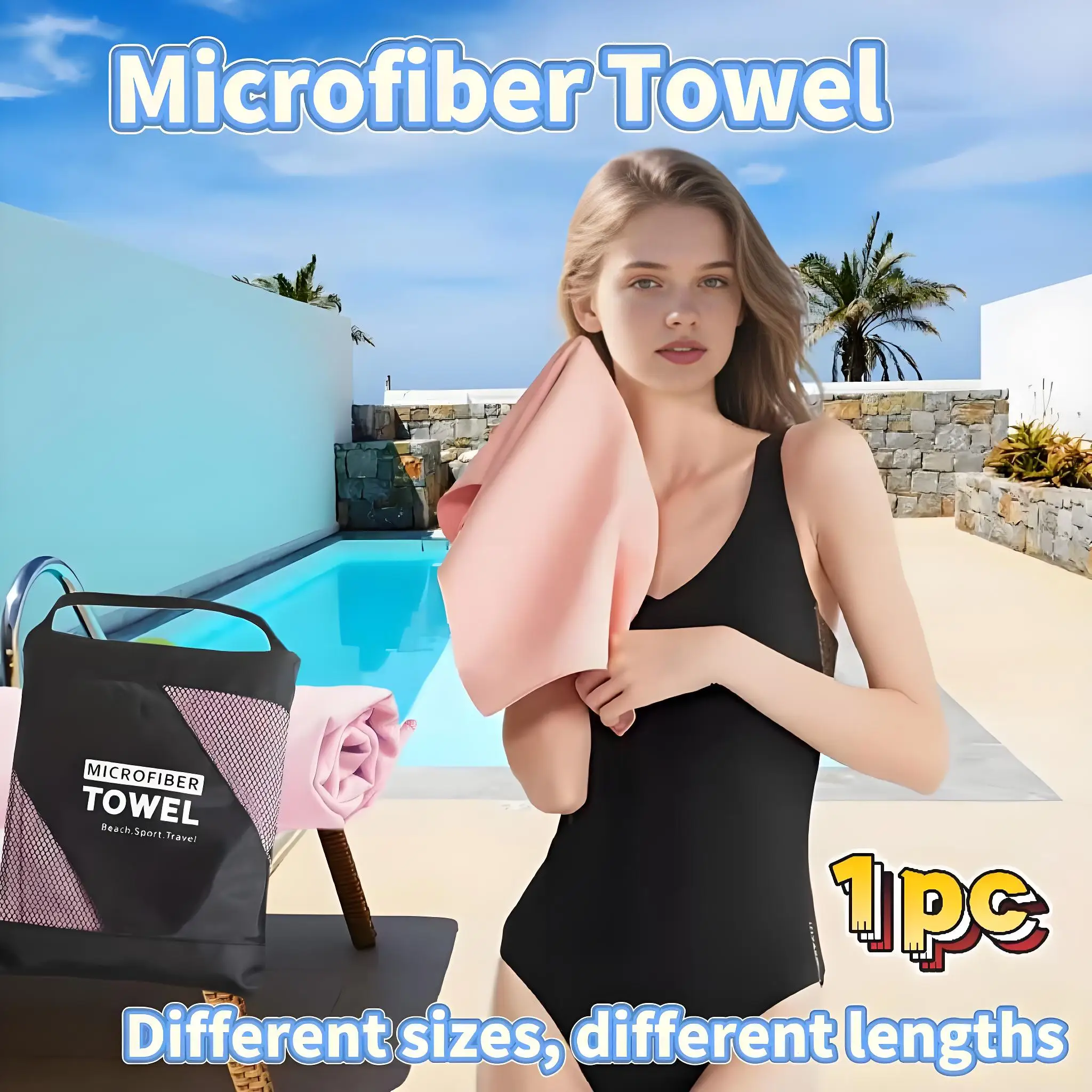 1 Stück schnell trocknendes Reisehandtuch, Mikrofaser-Strandtuch, kompaktes weiches Reisehandtuch, leichtes Handtuch für Erwachsene für Camping, Fitnessstudio, Strand Image